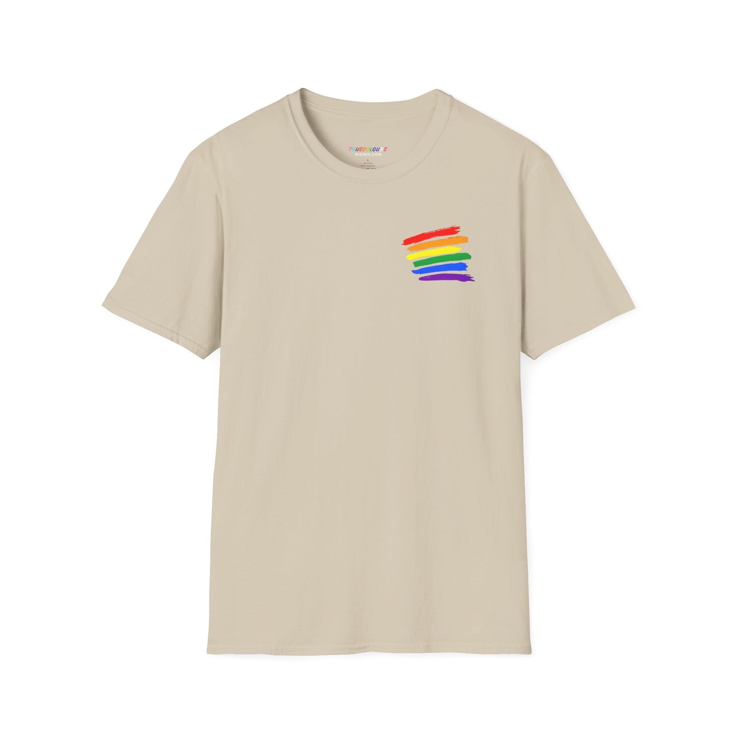 True Colours Rising rainbow equality shirt with colourful stripes over heart.