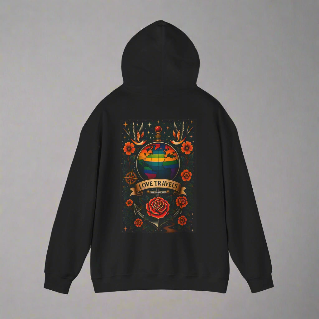 Black hoodie with rainbow globe tattoo art surrounded by roses and floral motifs.
