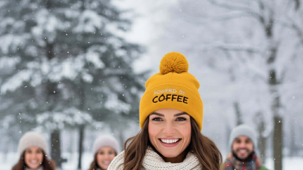 Woman, Yellow Beanie, woolly hat with bobble, powered by coffee words, true colours rising