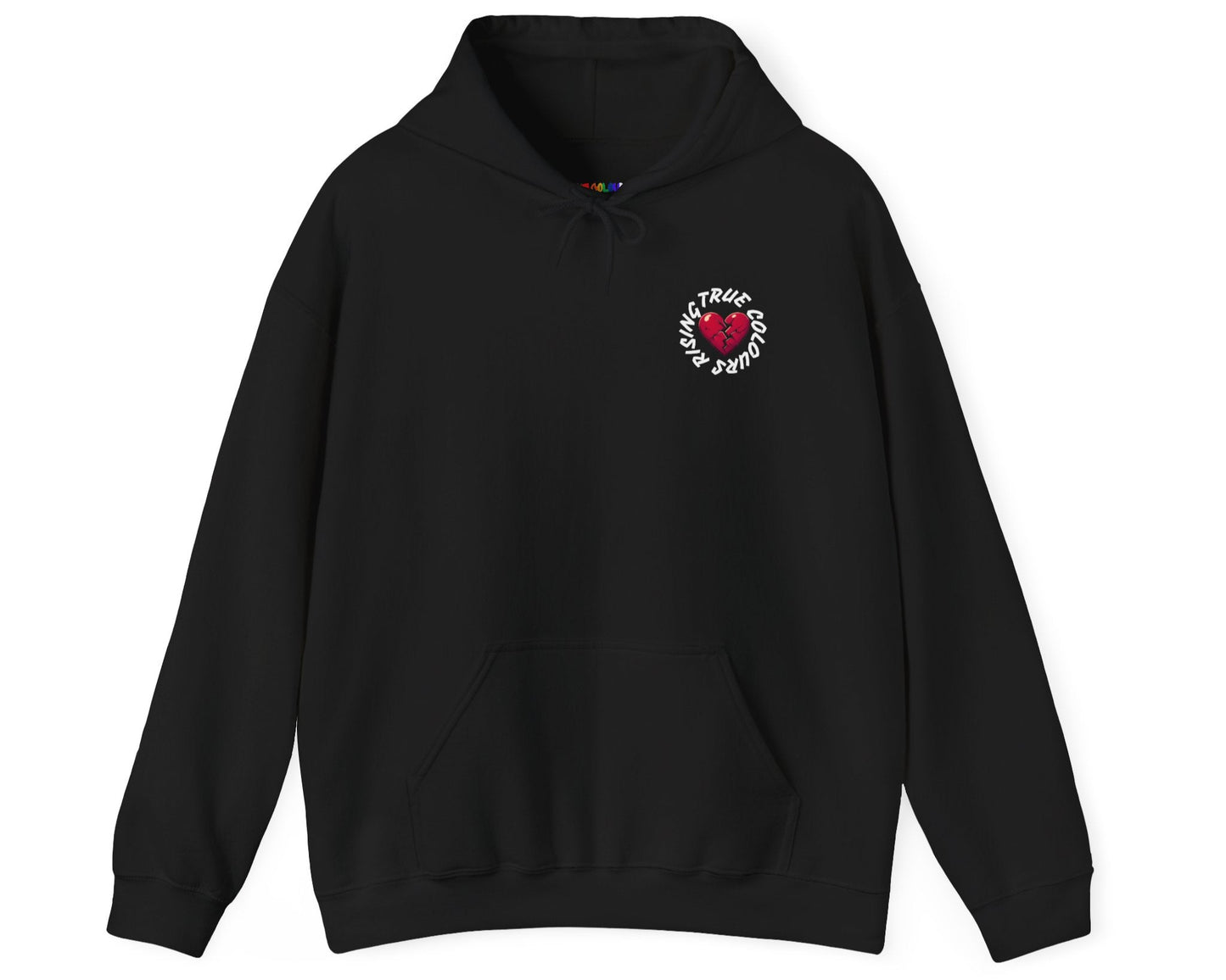 Black hoodie with a heart design on a white background. True Colours Rising branding