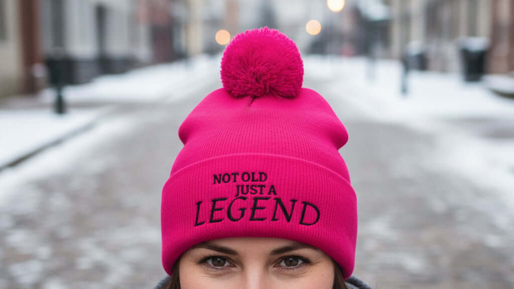 Pink beanie with pom-pom and 'Not Old Just a Legend' text on a white background