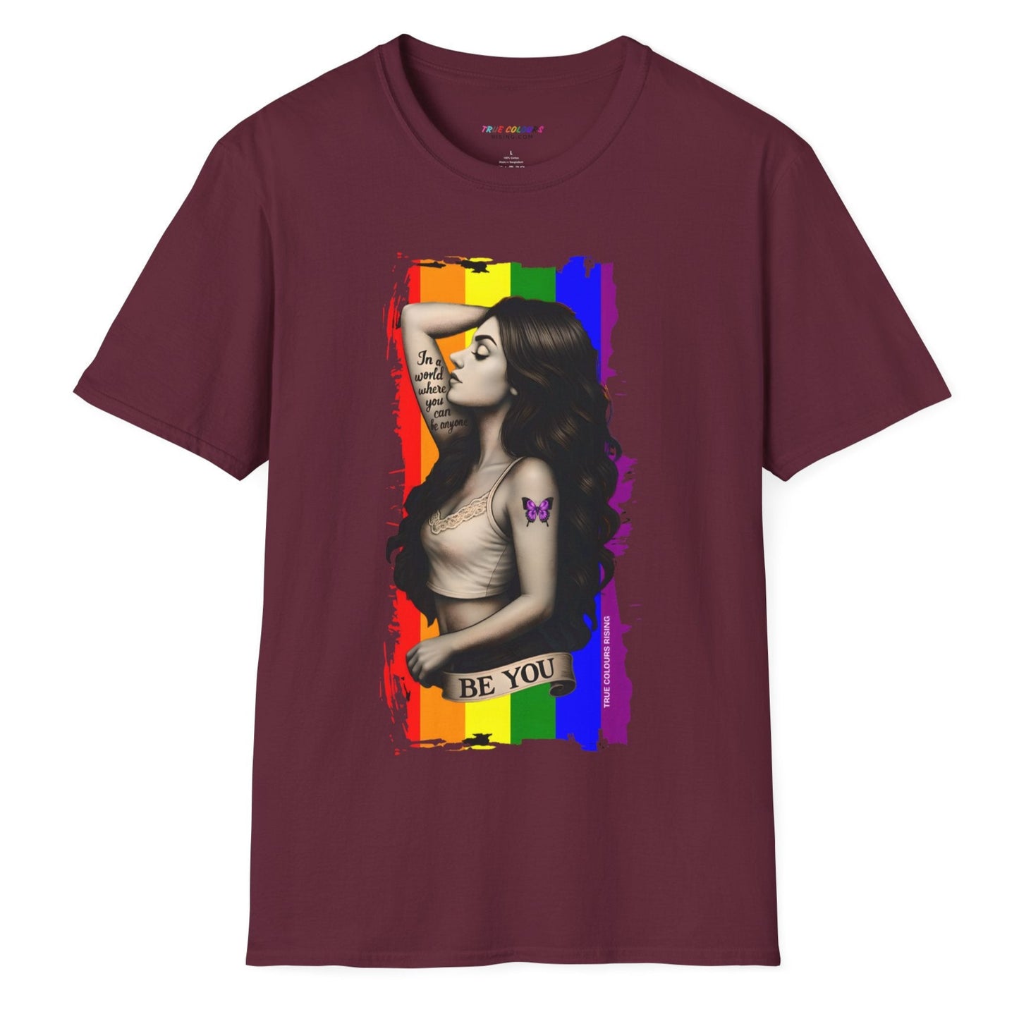 Queer streetwear shirt with rainbow flag and empowering Be You message