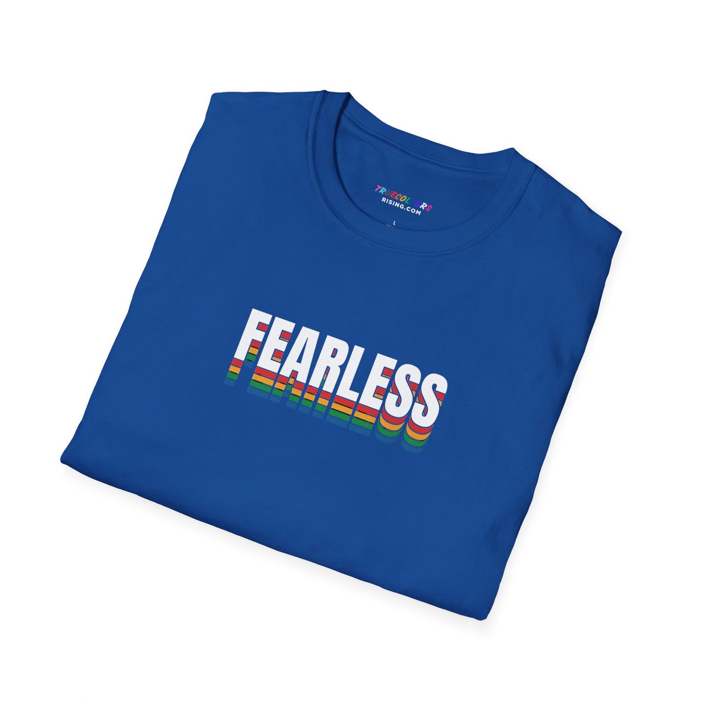 Fearless pride shirt with rainbow lettering, worn as alternative streetwear.
