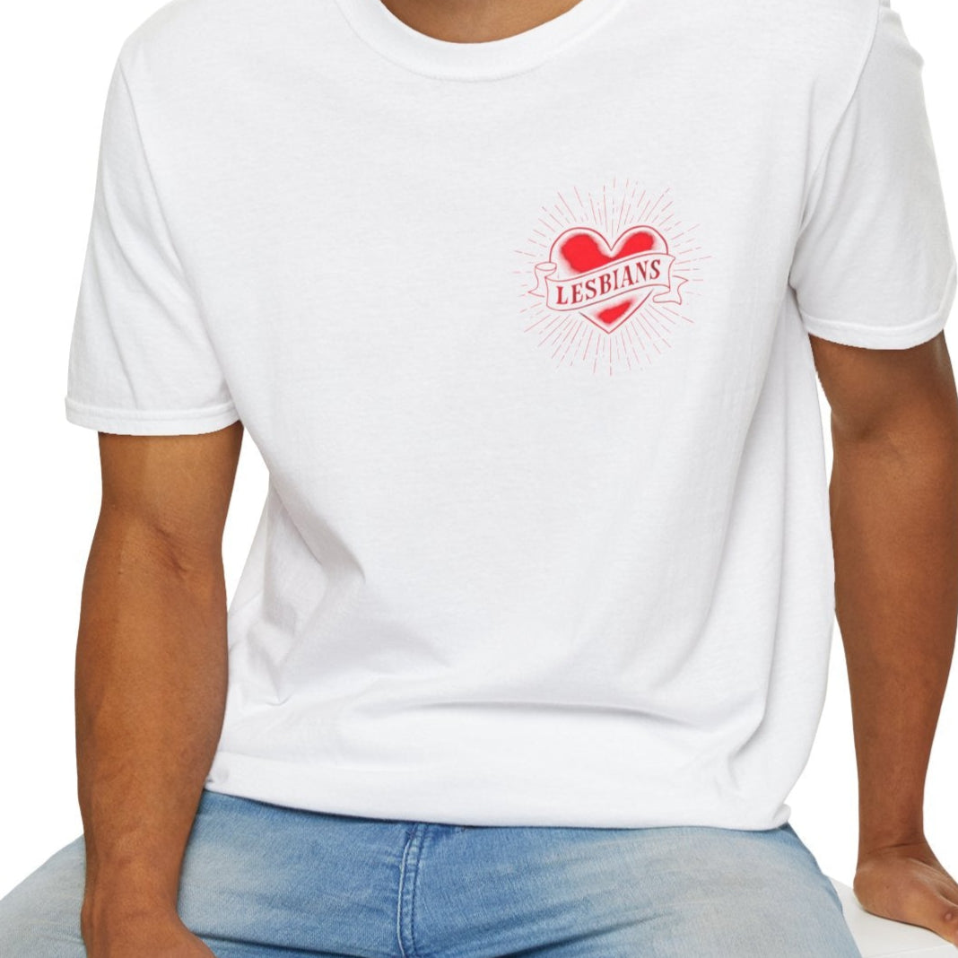Feminist empowerment shirt with vintage tattoo heart and lesbians banner