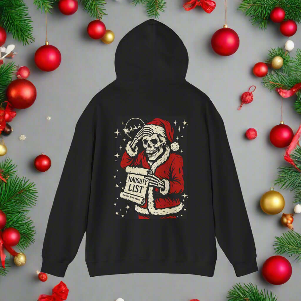 Christmas hoodie with festive graphics and humour