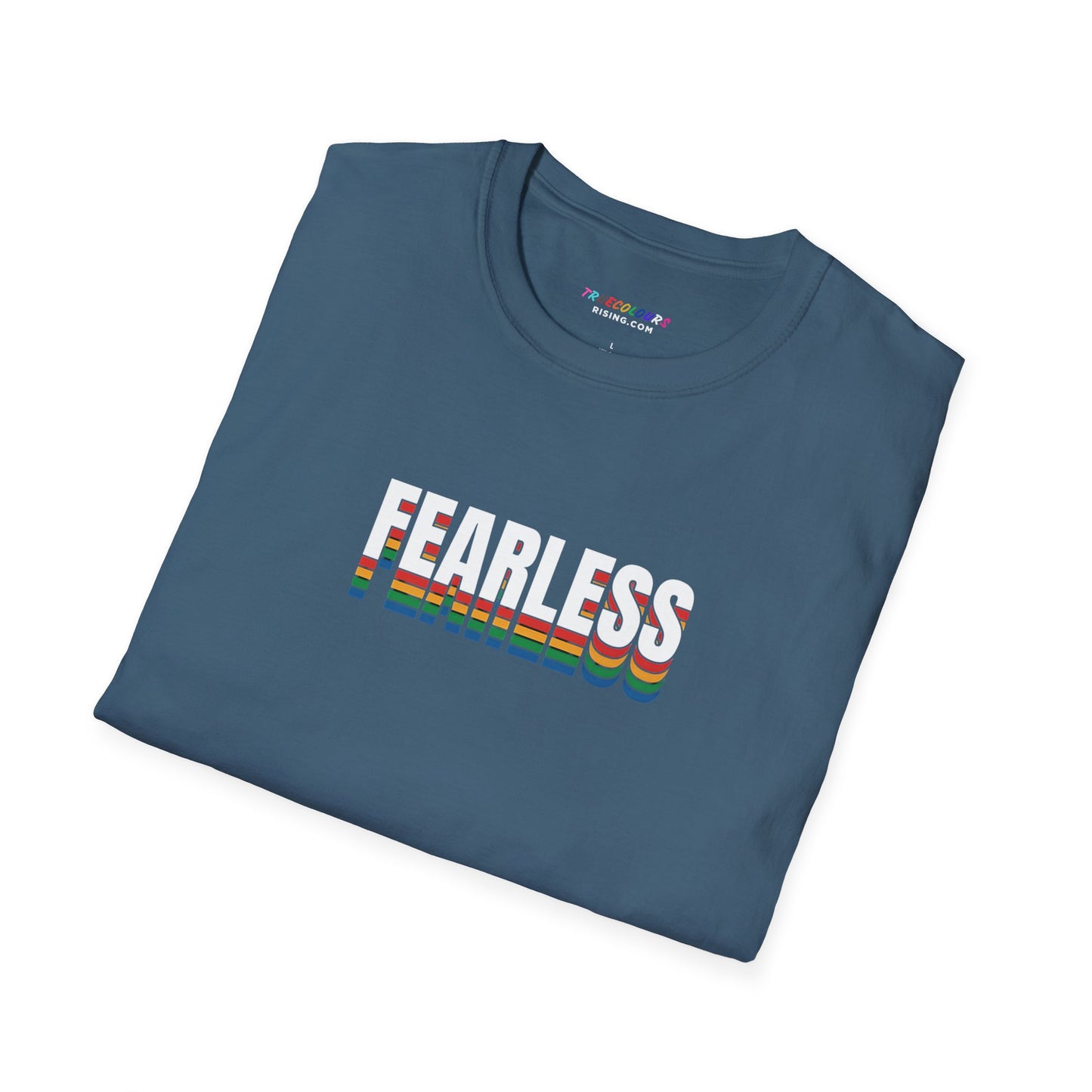 pride slogan tee featuring fearless rainbow text design