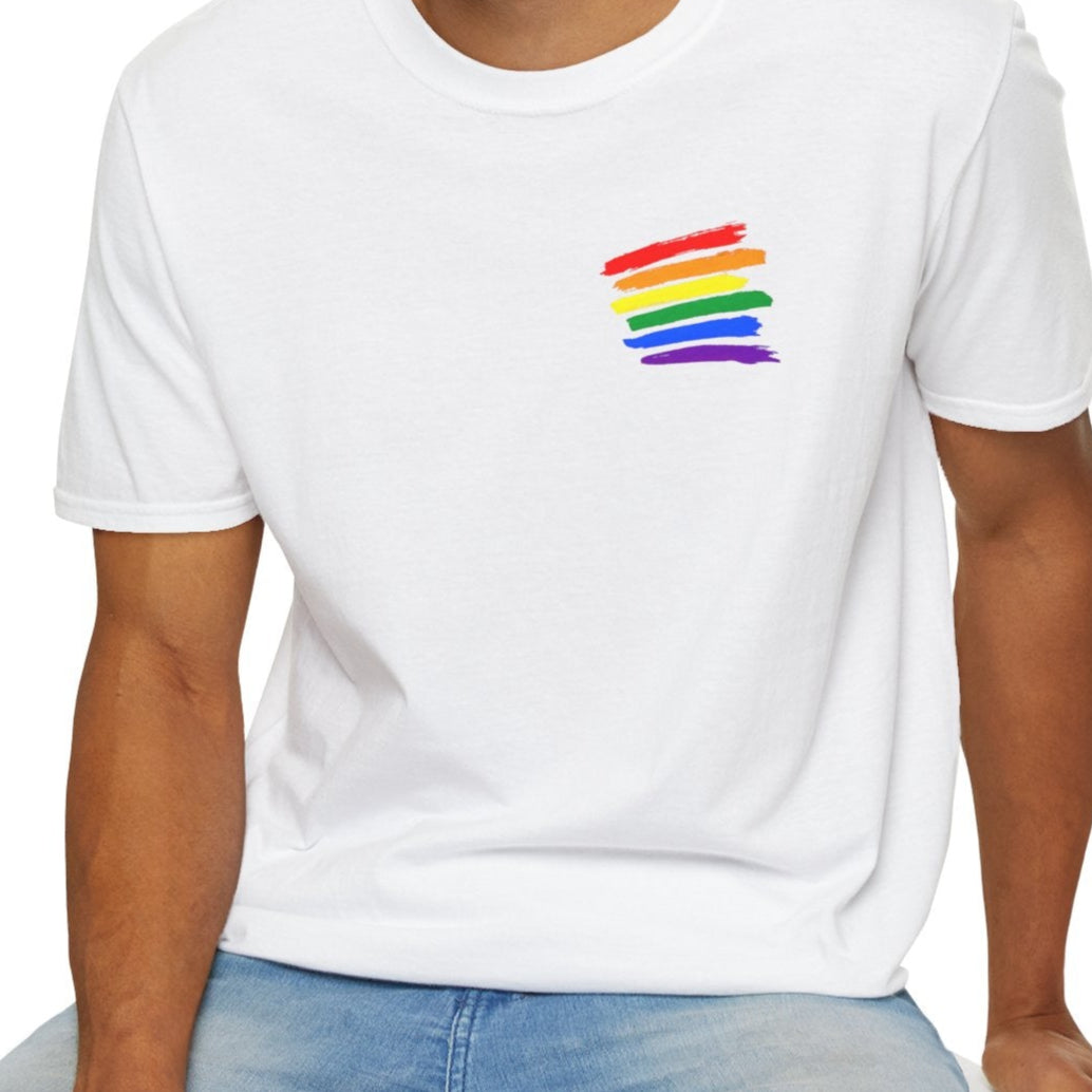 True Colours Rising rainbow pride shirt with bold painted brush design