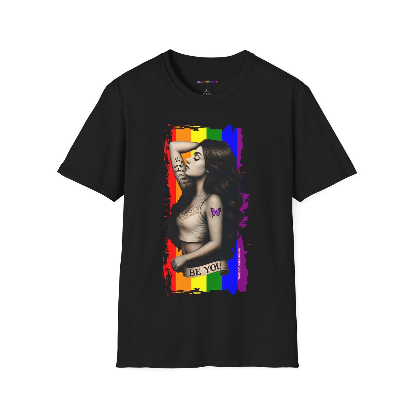 Tattoo-style artwork shirt with rainbow background and Be You empowerment quote
