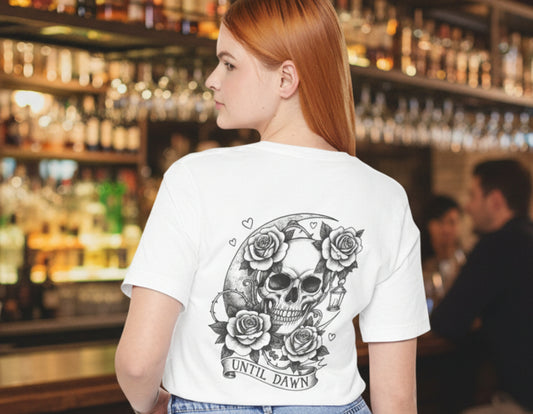 Until Dawn Skull & Rose T Shirt front view with TRUCLRS logo on white Bella Canvas tee