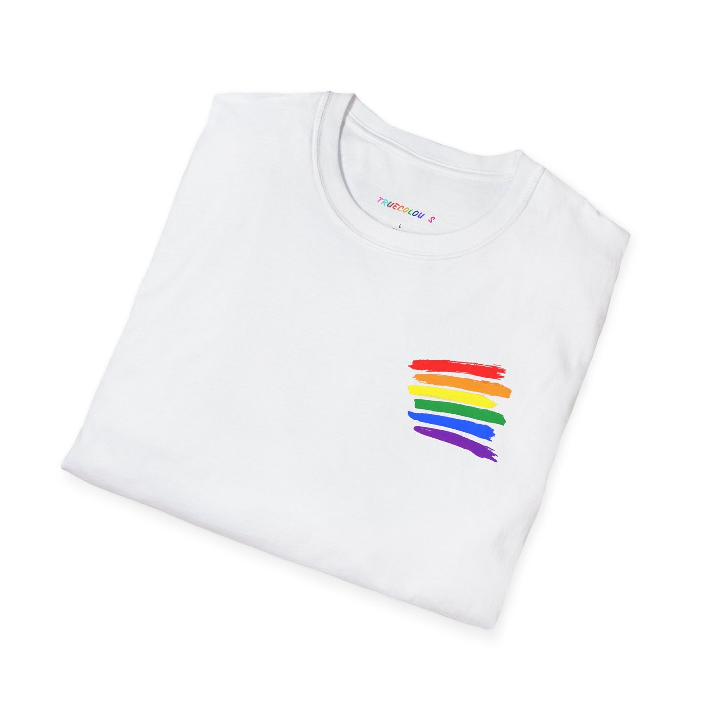 Minimal rainbow pride shirt with True Colours Rising design over chest
