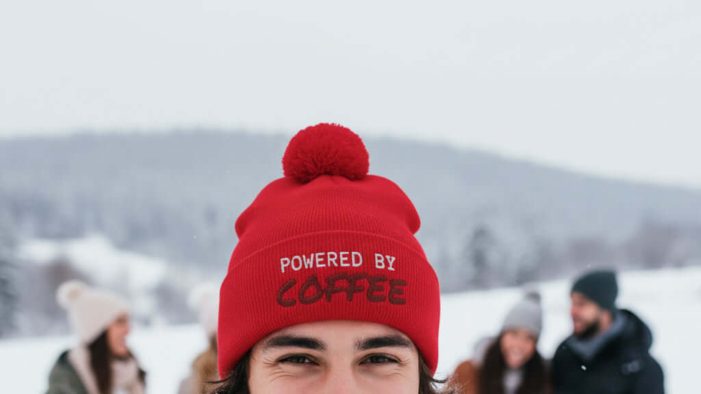 Red woolly hat, with bobble, for winter outfits unisex