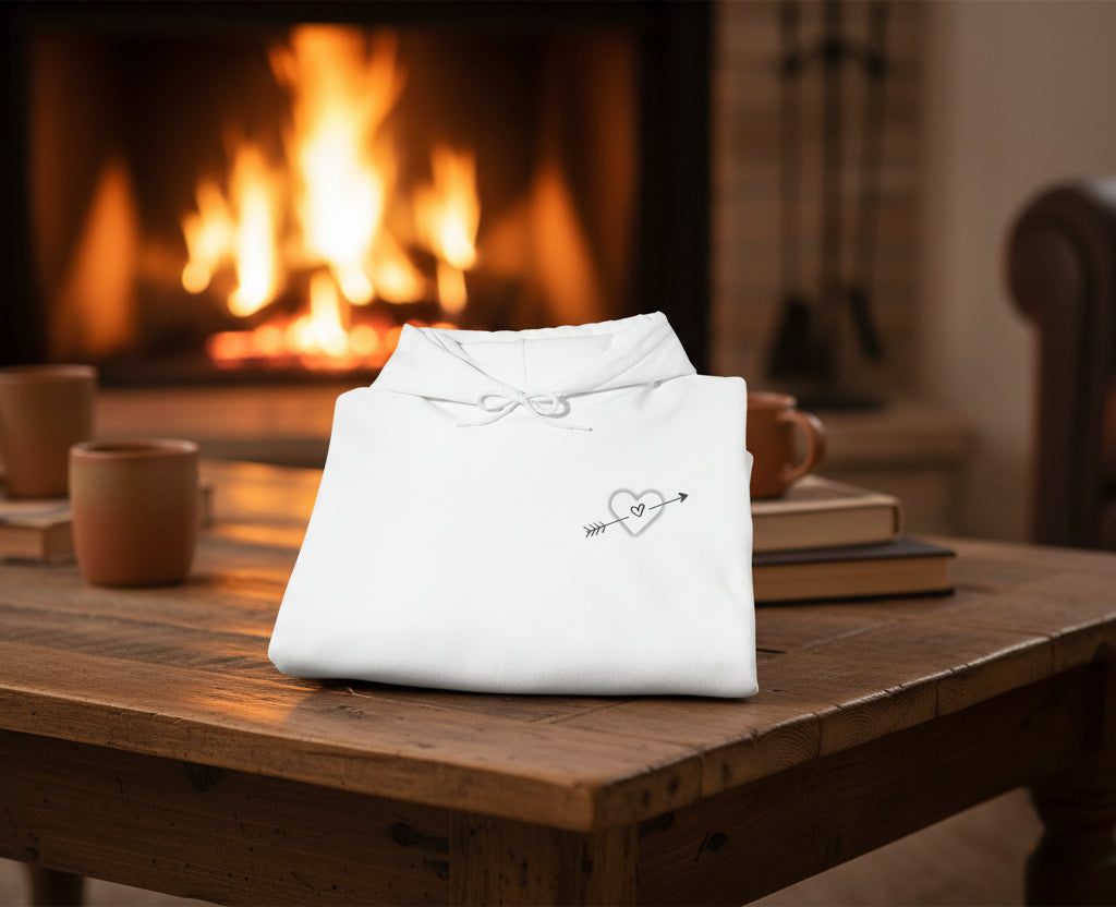 I'm Hers Matching White Hoodie Love inspired hoodie with red heart arrow graphic on white fabric