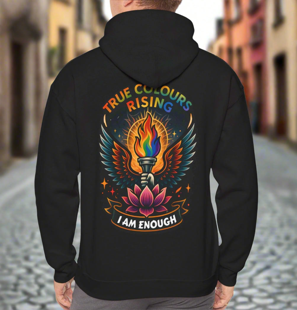 Black hoodie with tattoo-style rainbow torch, wings, lotus flower, and slogan I Am Enough.
