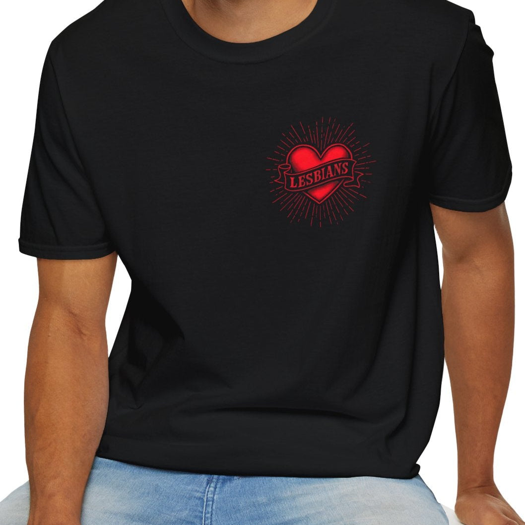 Queer pride shirt featuring tattoo-inspired red heart design for lesbians