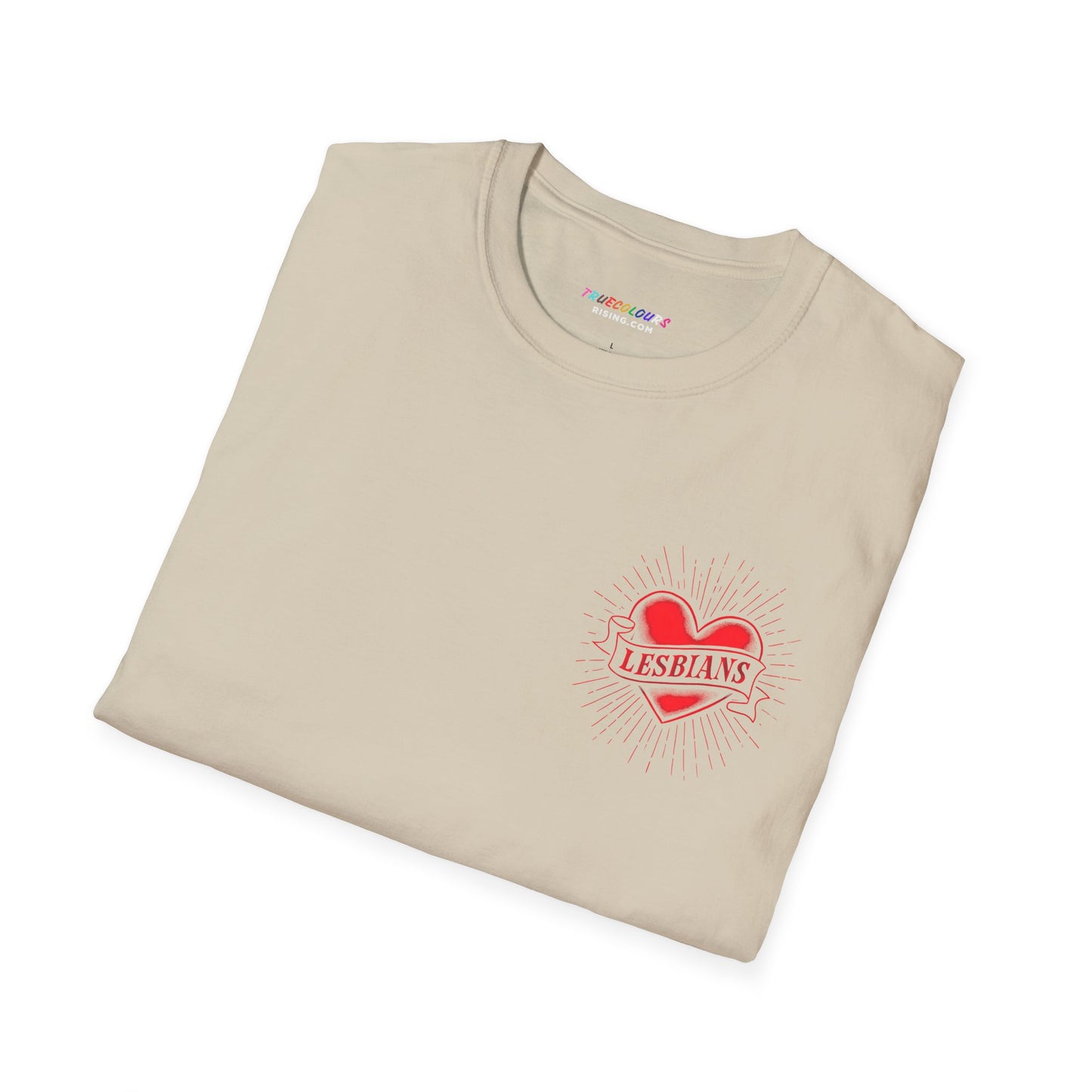 Tattoo-style lesbian pride tee with bold heart and radiant sunburst lines