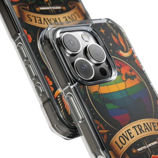 Black background iPhone case with rainbow Earth illustration and banner text Love Travels.