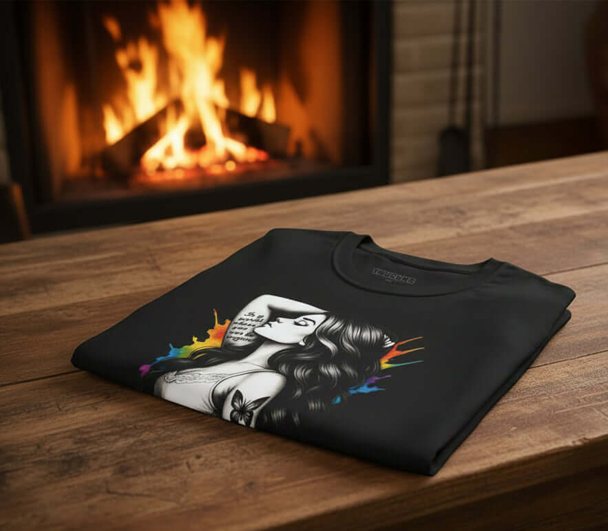 Be You - Reimagined T-shirt displayed on a wooden table with a fireplace in the background.