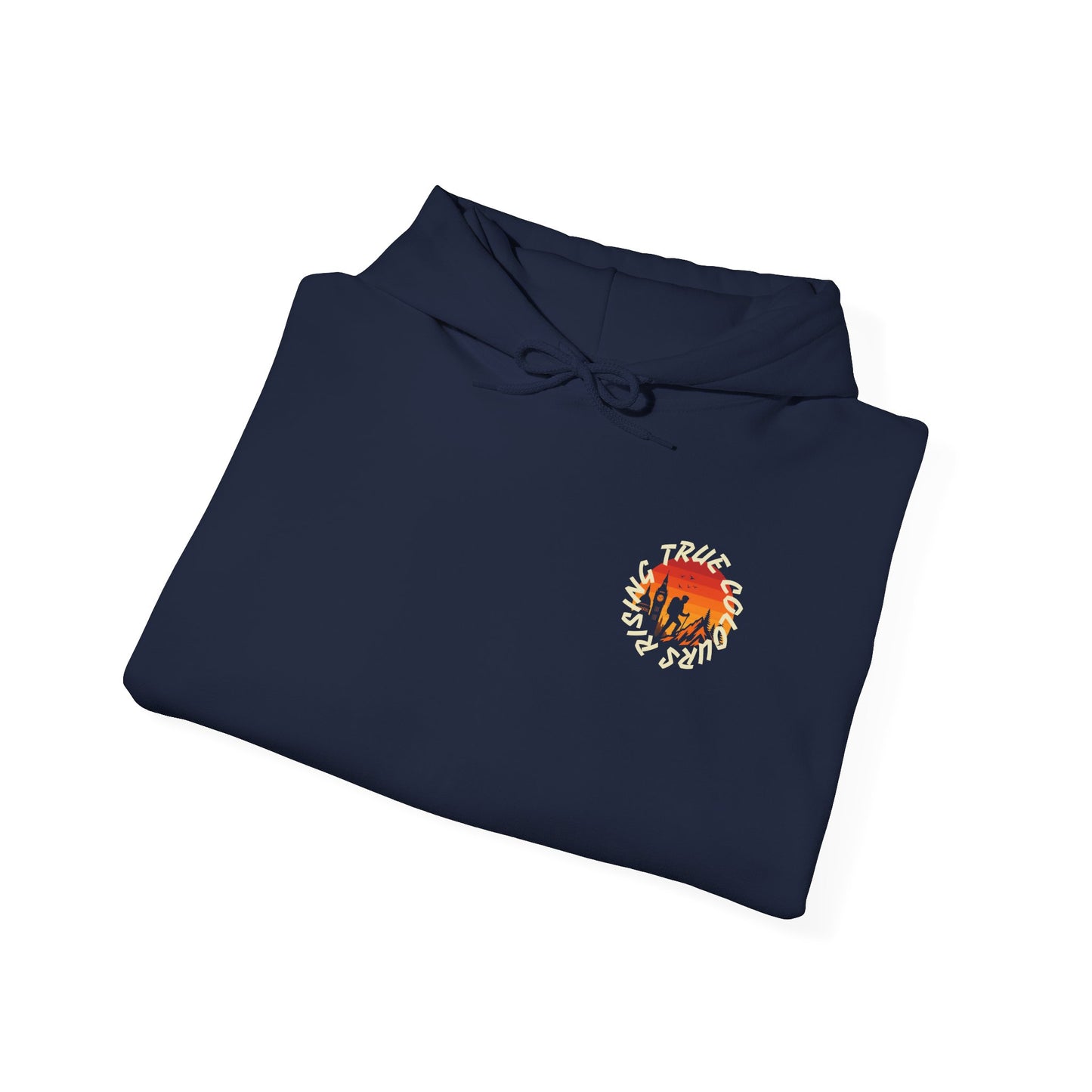 True Colours Rising chest graphic of mountain hiker and rainbow path in circular design