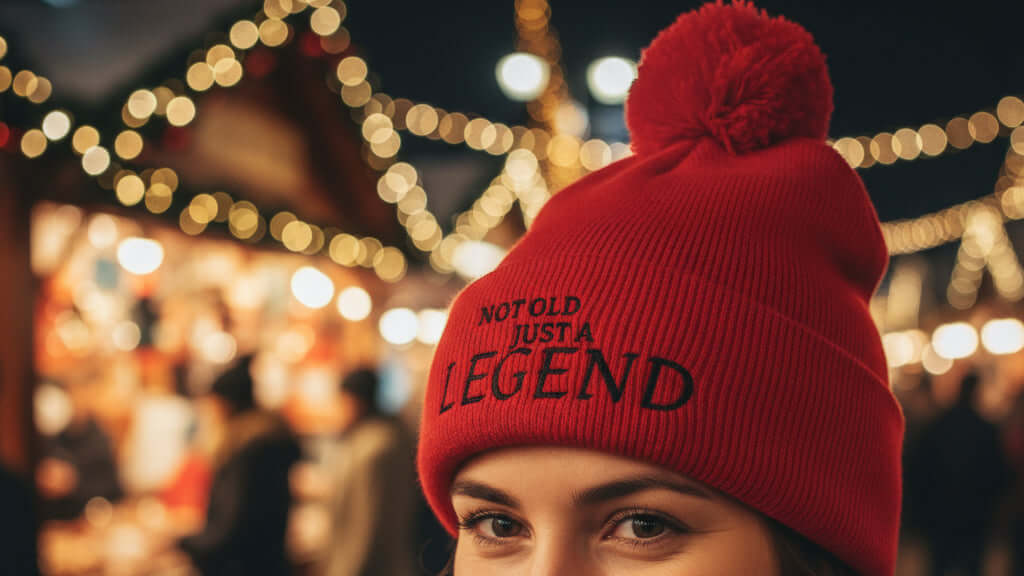 Red beanie with pom-pom and 'Not old just a legend' text on a white background