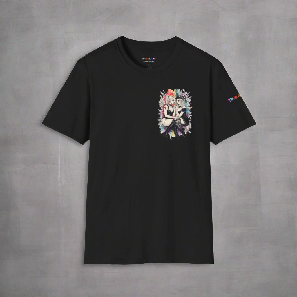 Black t-shirt with colorful graphic design on a white background