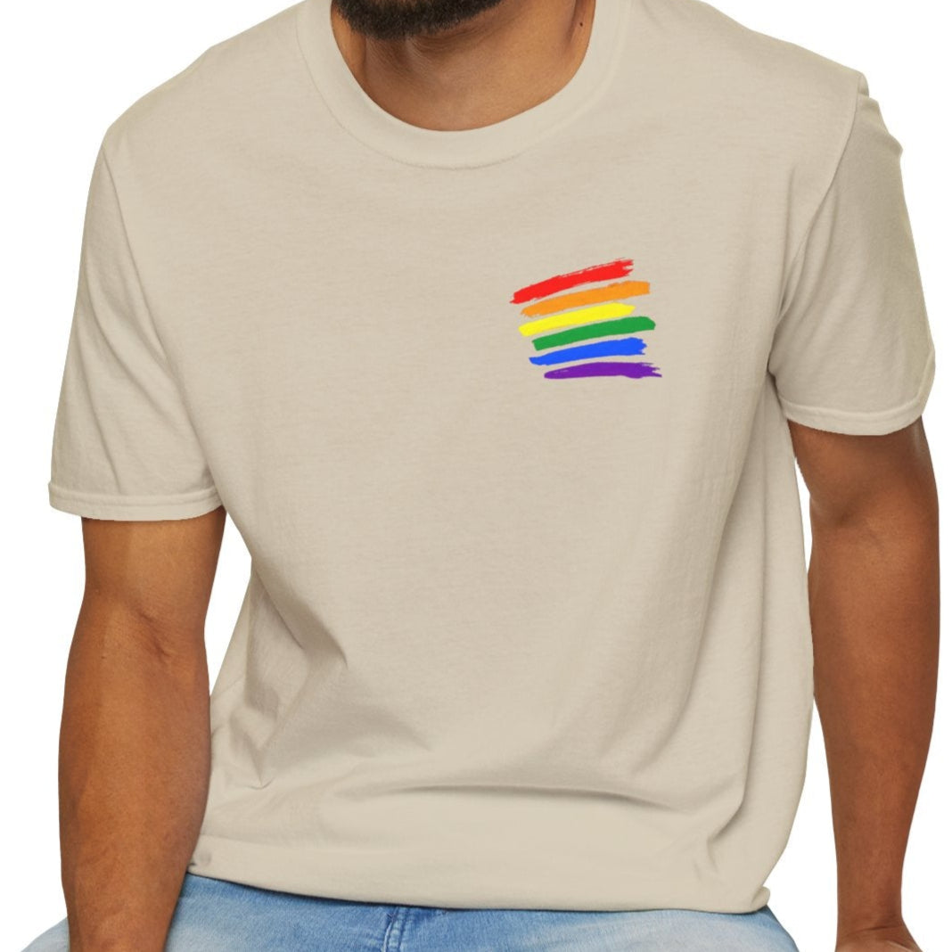 True Colours Rising rainbow pride t-shirt with bold brushstroke stripes representing equality and style.