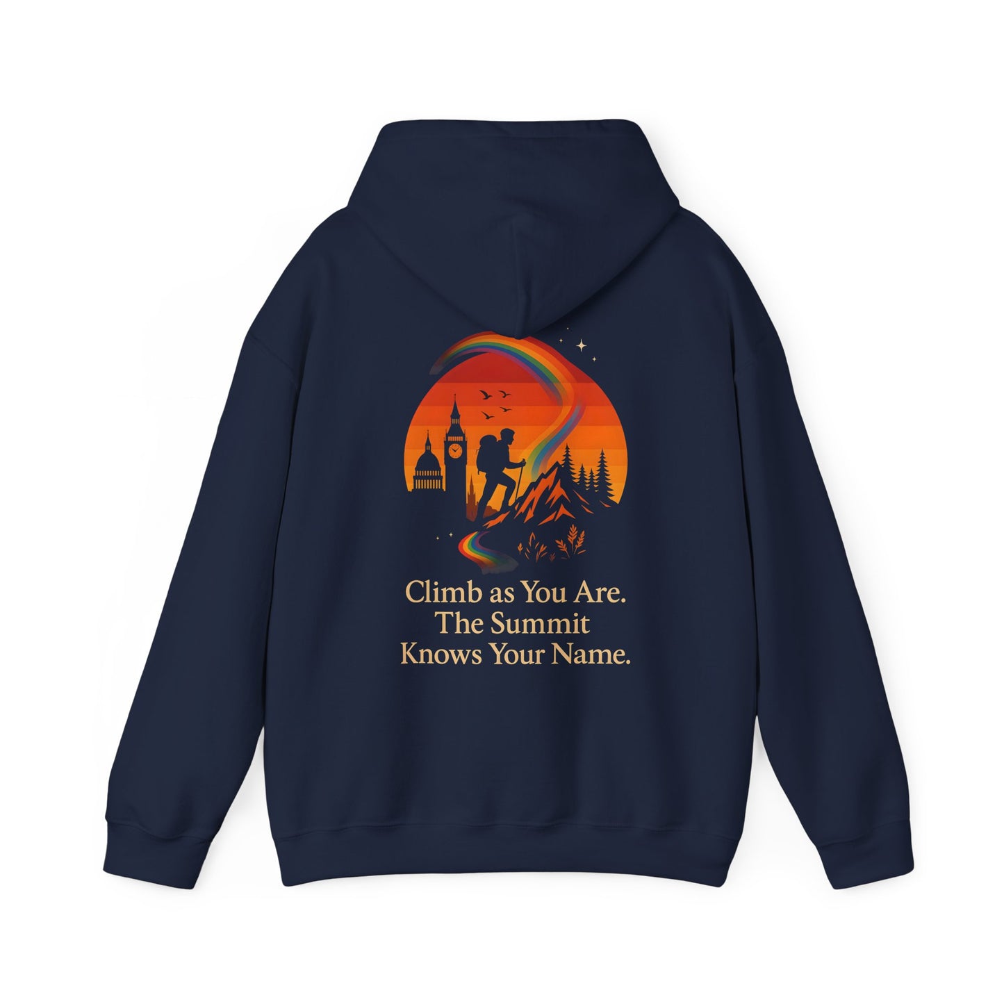 Climbing-inspired pride hoodie with rainbow mountain path and quote about summits and self-identity.