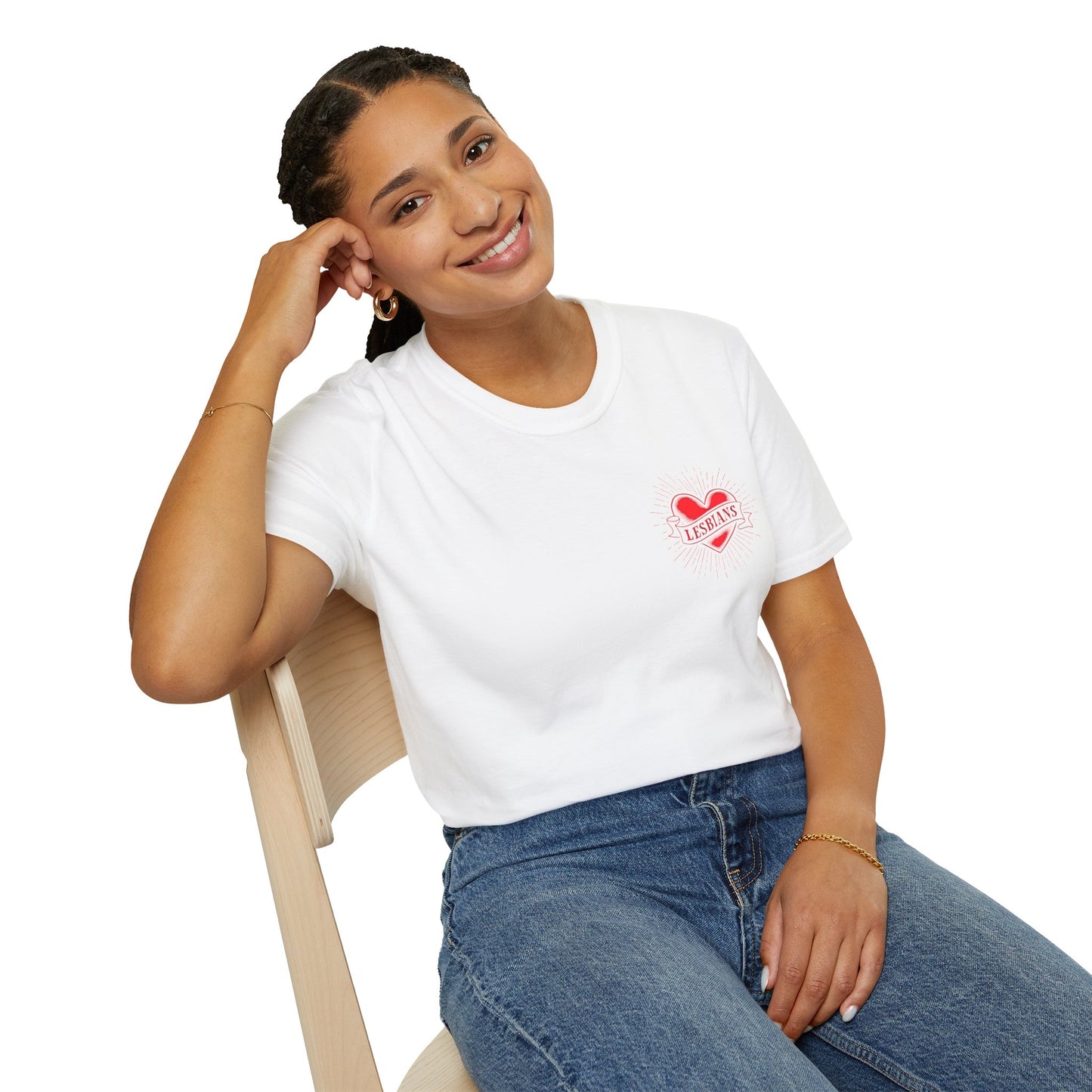 Lesbian pride graphic tee with red heart tattoo and retro lettering.