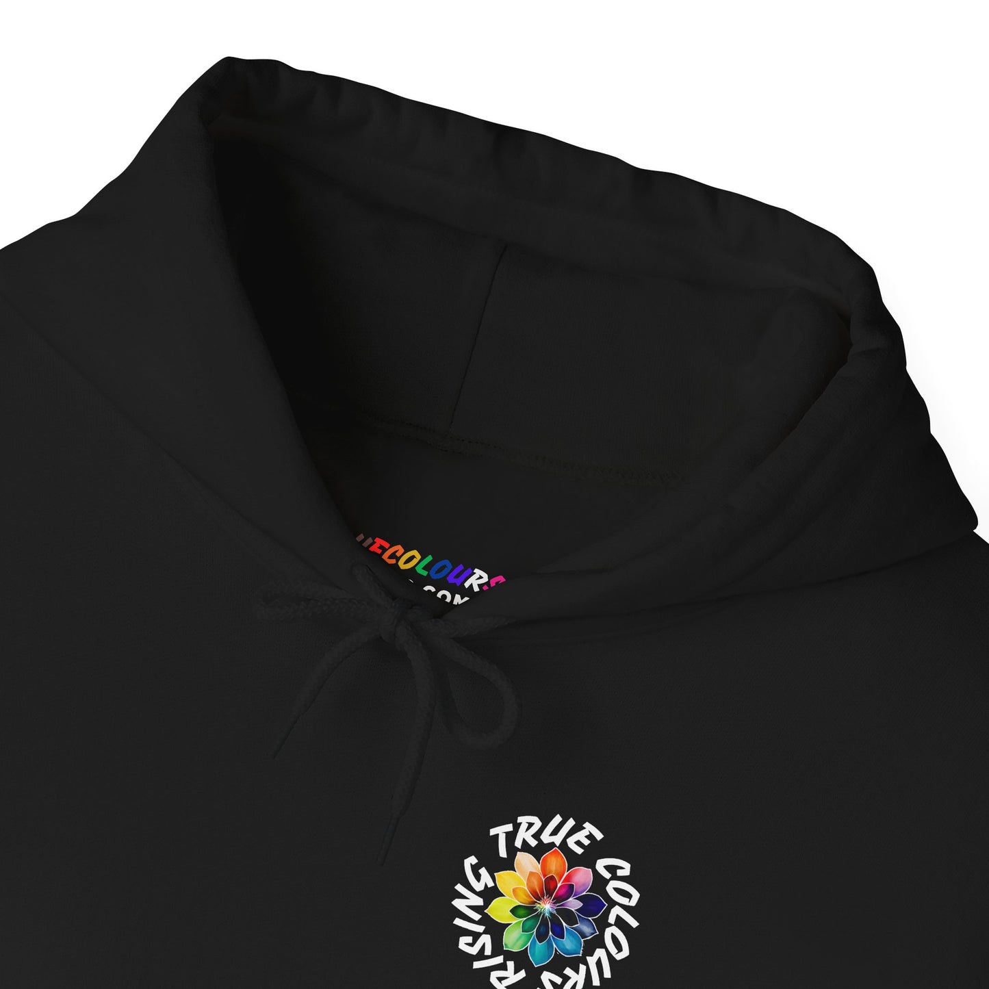 Black hoodie with large rainbow torch back design and rainbow lotus chest logo.