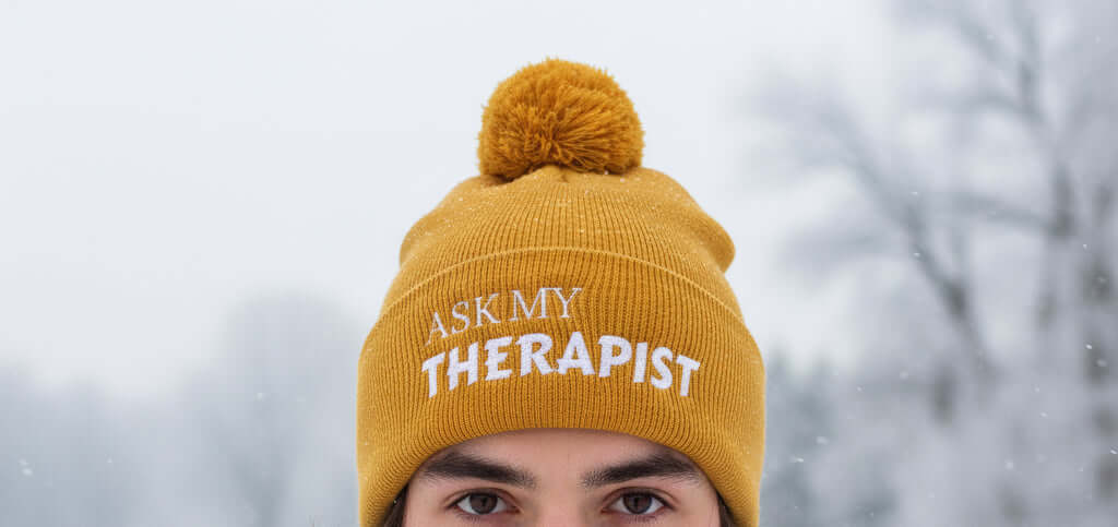 yellow bobble hat, ask my therapist, funny hat , gift for her