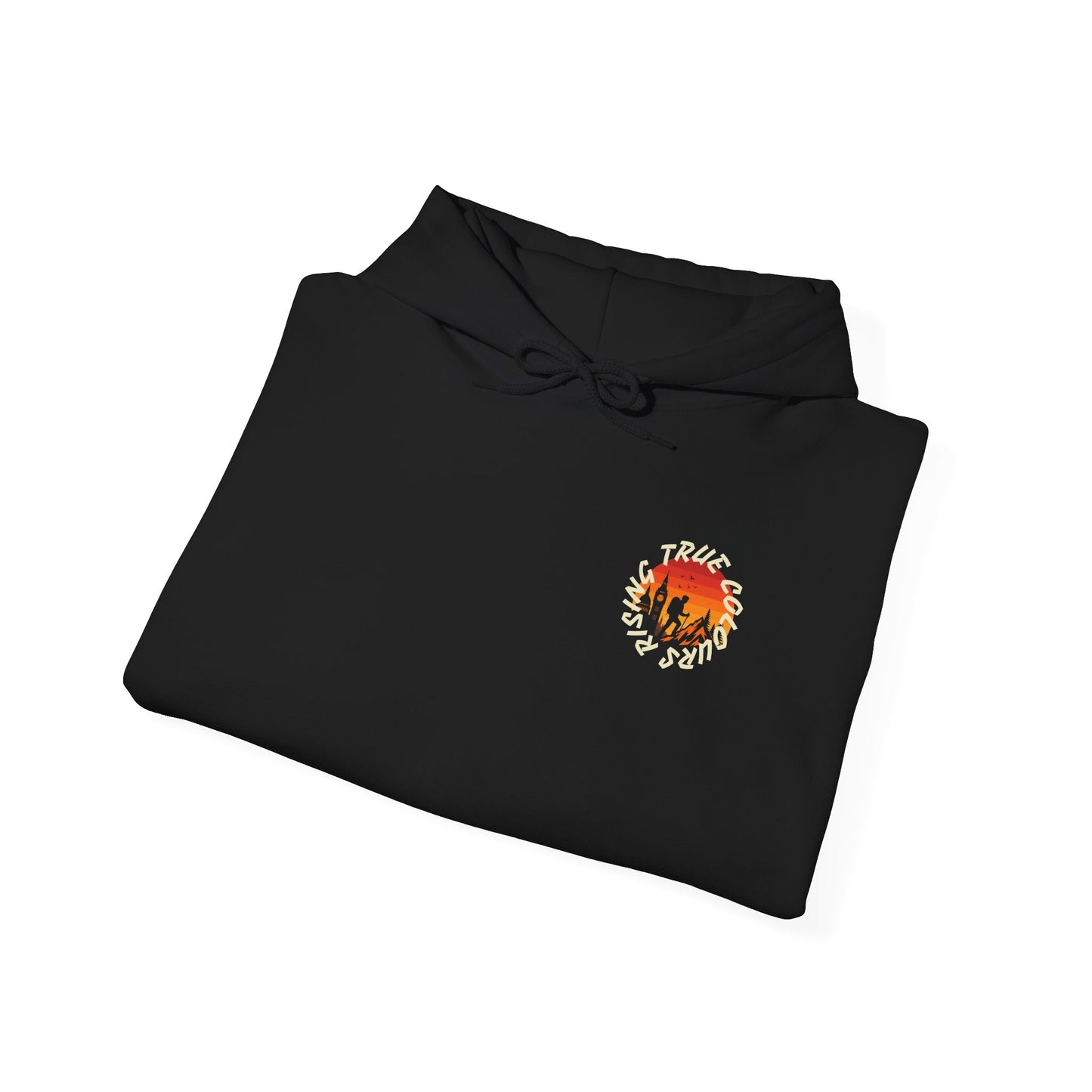 Circular chest logo with hiker, mountains, and rainbow symbolizing queer pride