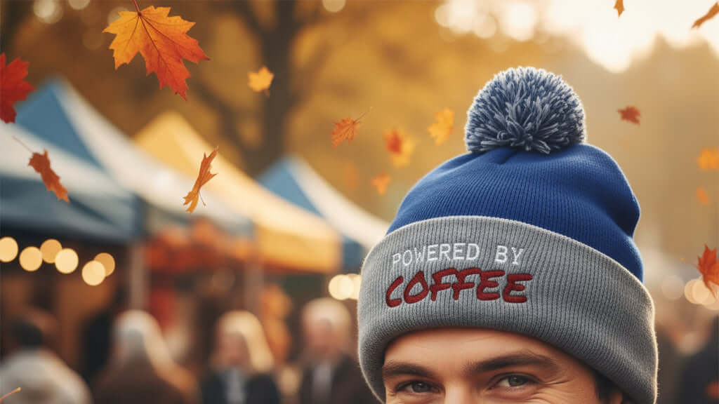 Blue and gray beanie with a pom-pom and 'Powered by Coffee' text on a white background