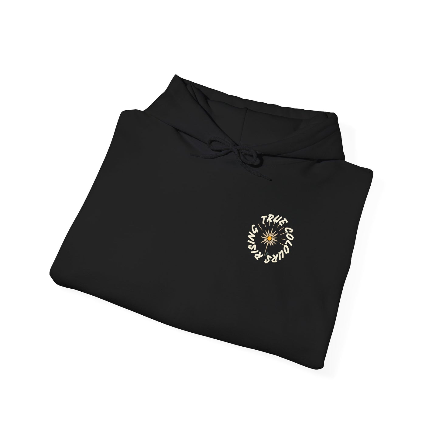 Minimalist chest emblem with True Colours Rising logo on folded black hoodie.