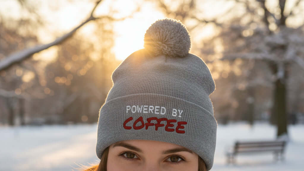 Gray beanie with pom-pom and 'Powered by Coffee' text, True Colours Rising