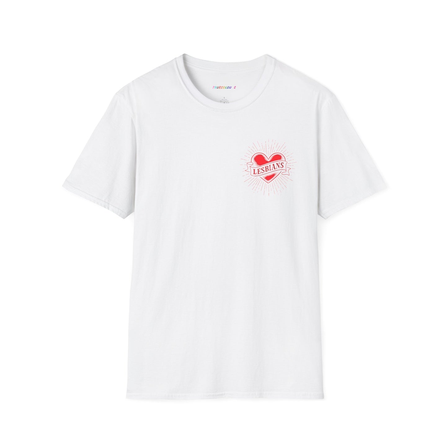 Tattoo-inspired queer pride t-shirt with lesbians heart banner artwork.