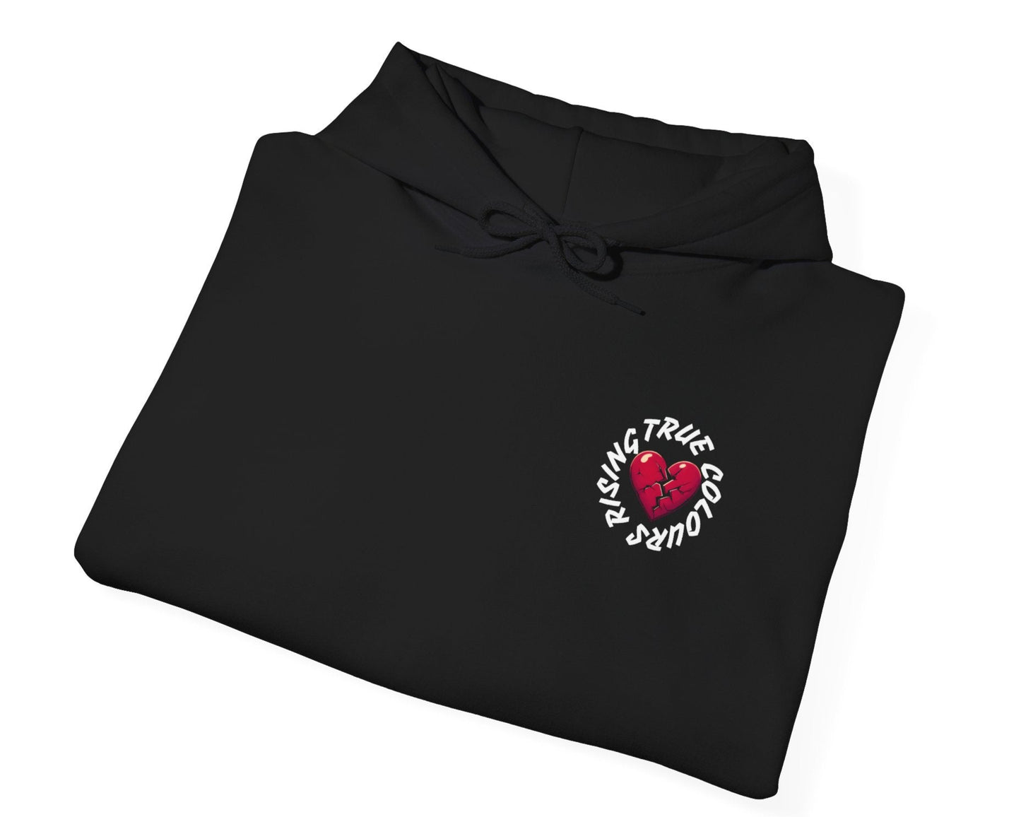 Folded black hoodie with a logo on a white background. True colours rising logo tattoo broken heart