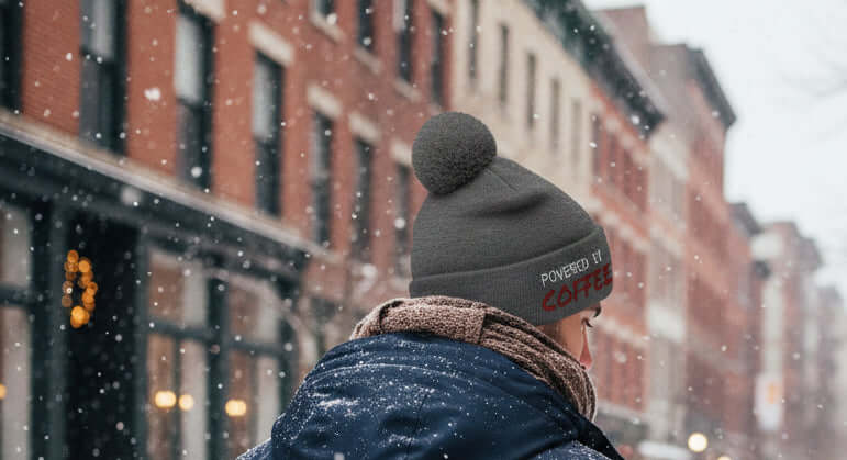 Grey beanie with pom-pom and 'Powered by Coffee' text on a white , true colours rising brand