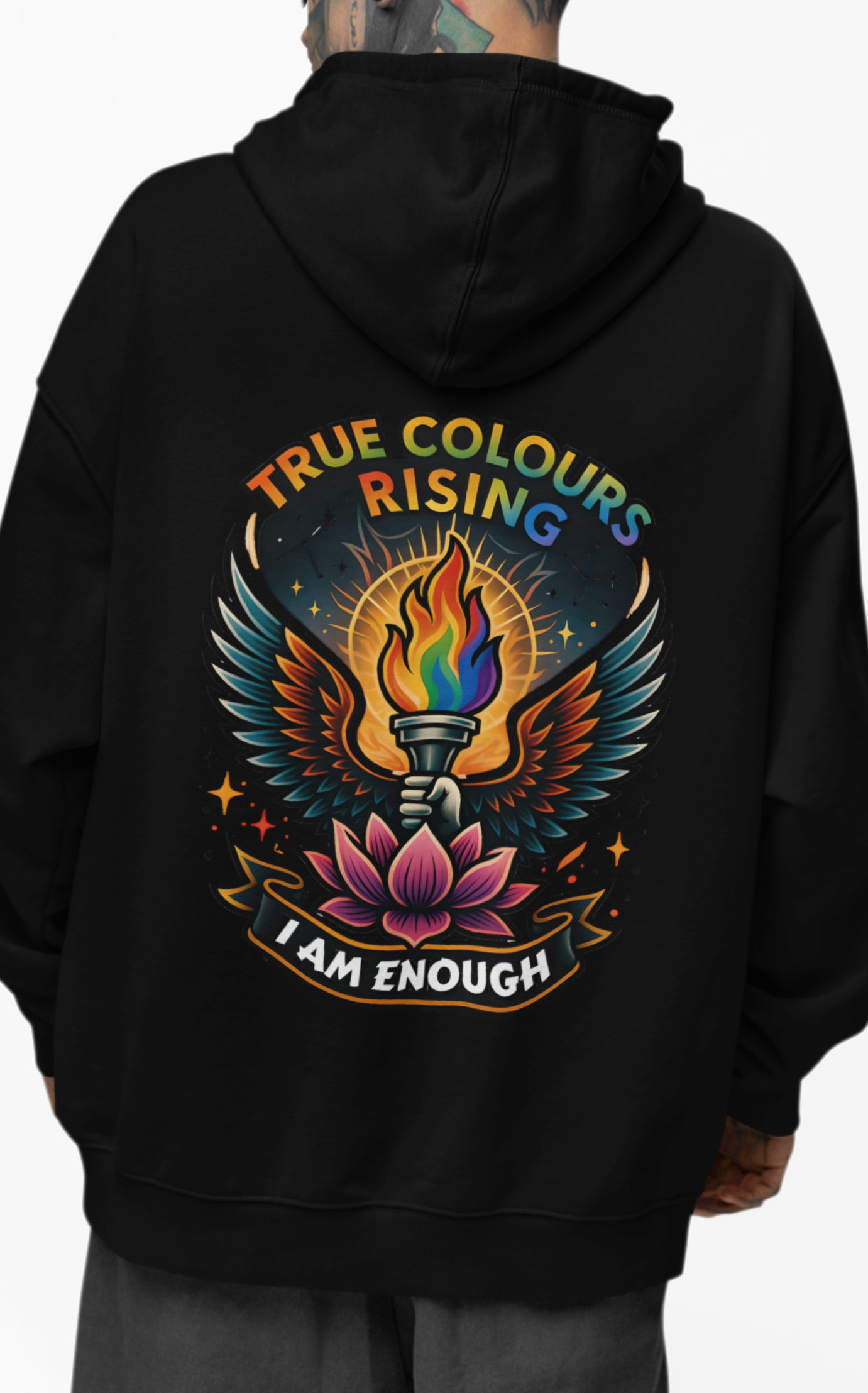 Motivational queer pride hoodie with rainbow torch and lotus tattoo back print.