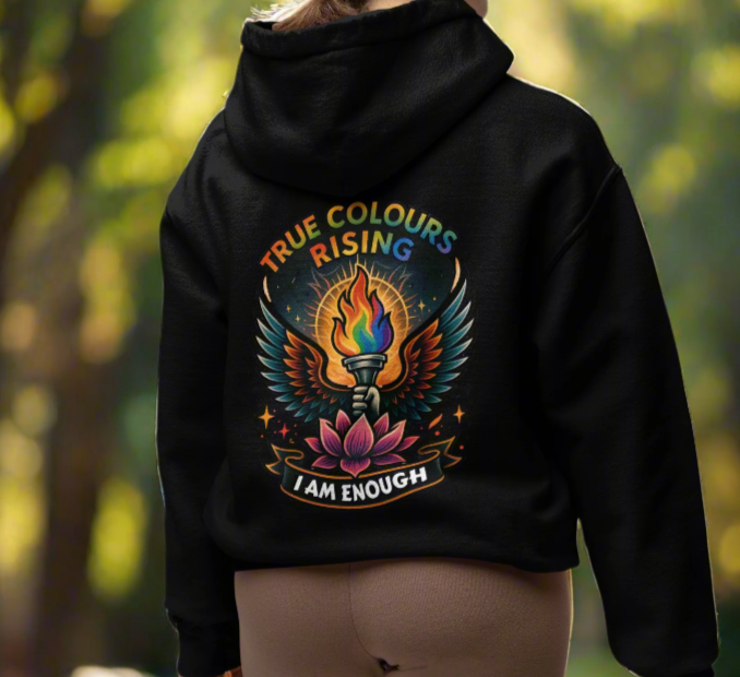 LGBTQ+ hoodie featuring rainbow flame, wings, lotus flower, and slogan I Am Enough