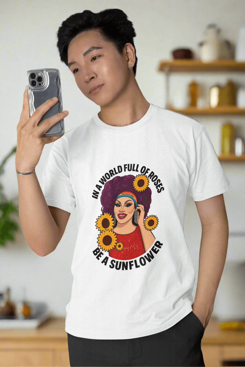 Empowerment sunflower t-shirt with drag queen illustration and positive self-love message