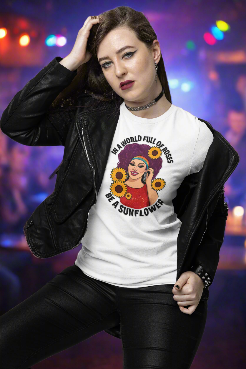 Alternative fashion t-shirt celebrating individuality with sunflower and drag art design.