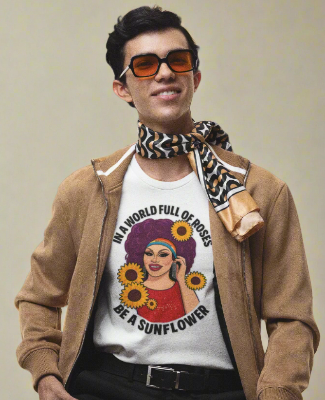 Feminist empowerment tee with drag queen in red dress and sunflower-themed artwork
