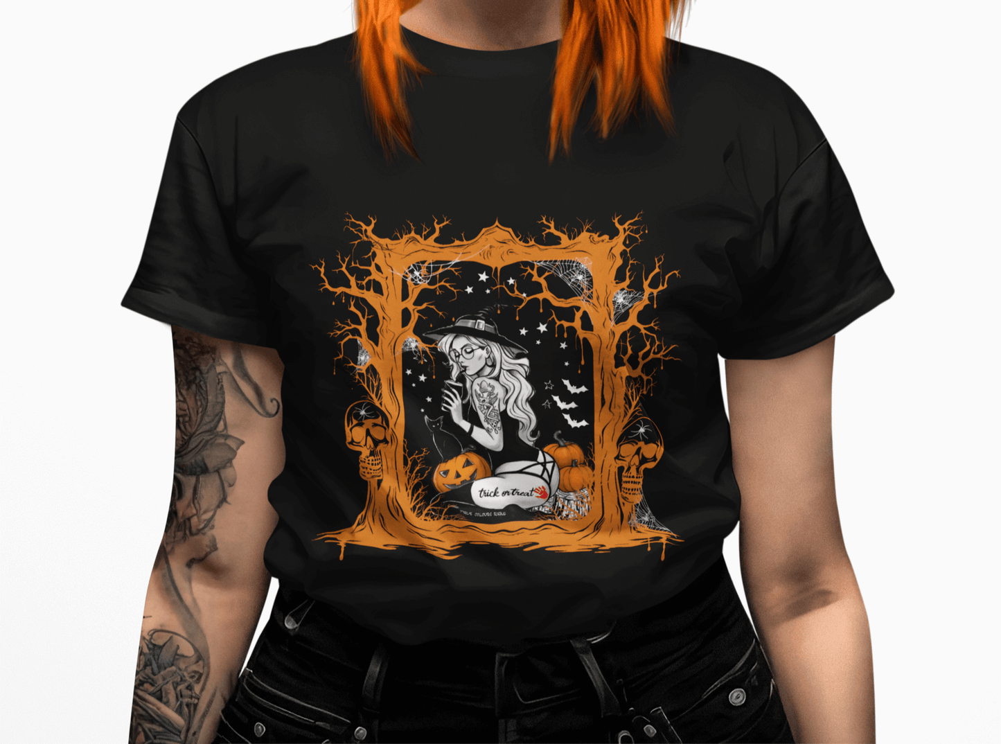 Sexy Halloween witch t-shirt for women featuring a gothic pin-up witch, black cat, pumpkins, skulls, bats, spider webs, and a blood-red handprint