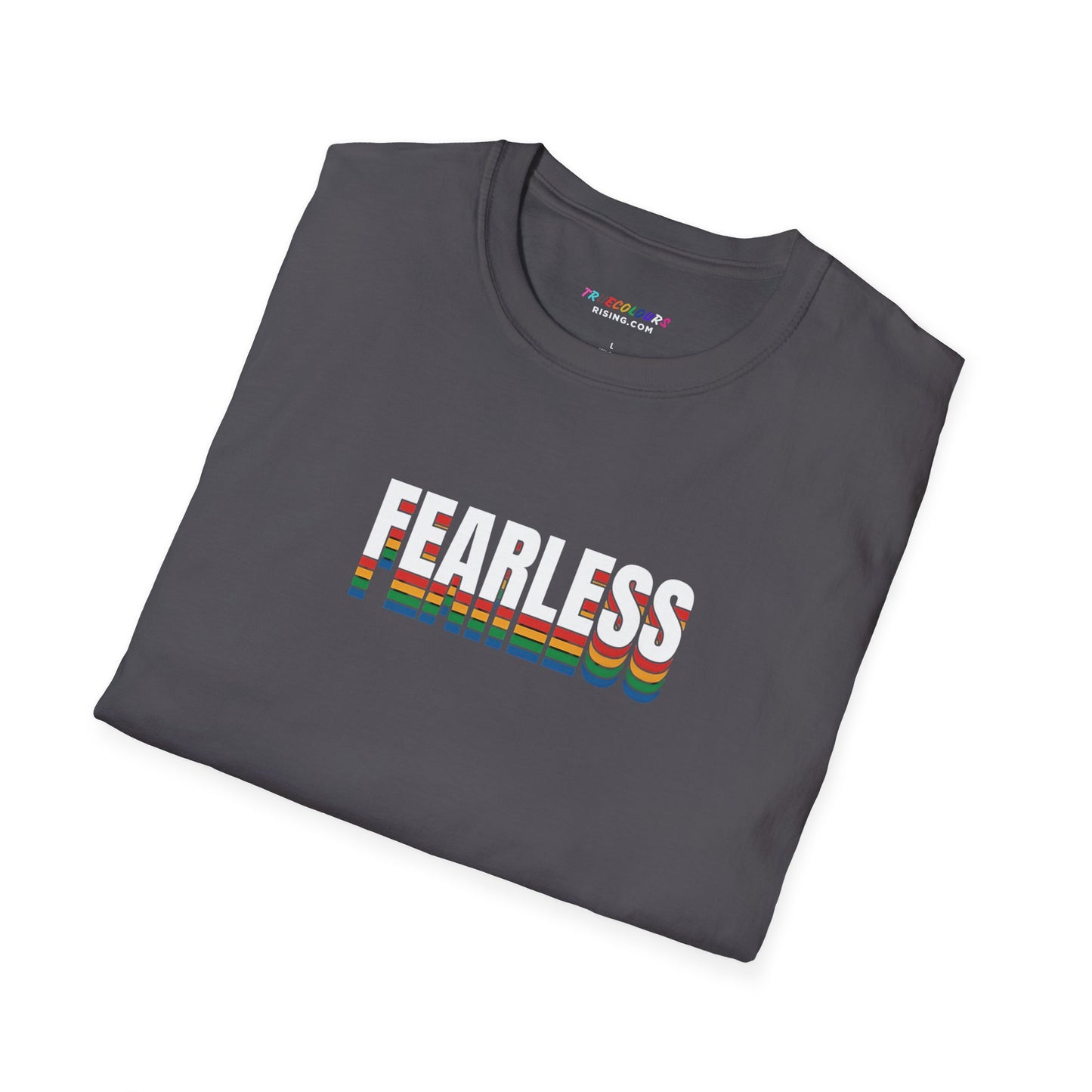 Fearless slogan t-shirt with rainbow stripes, representing pride and strength