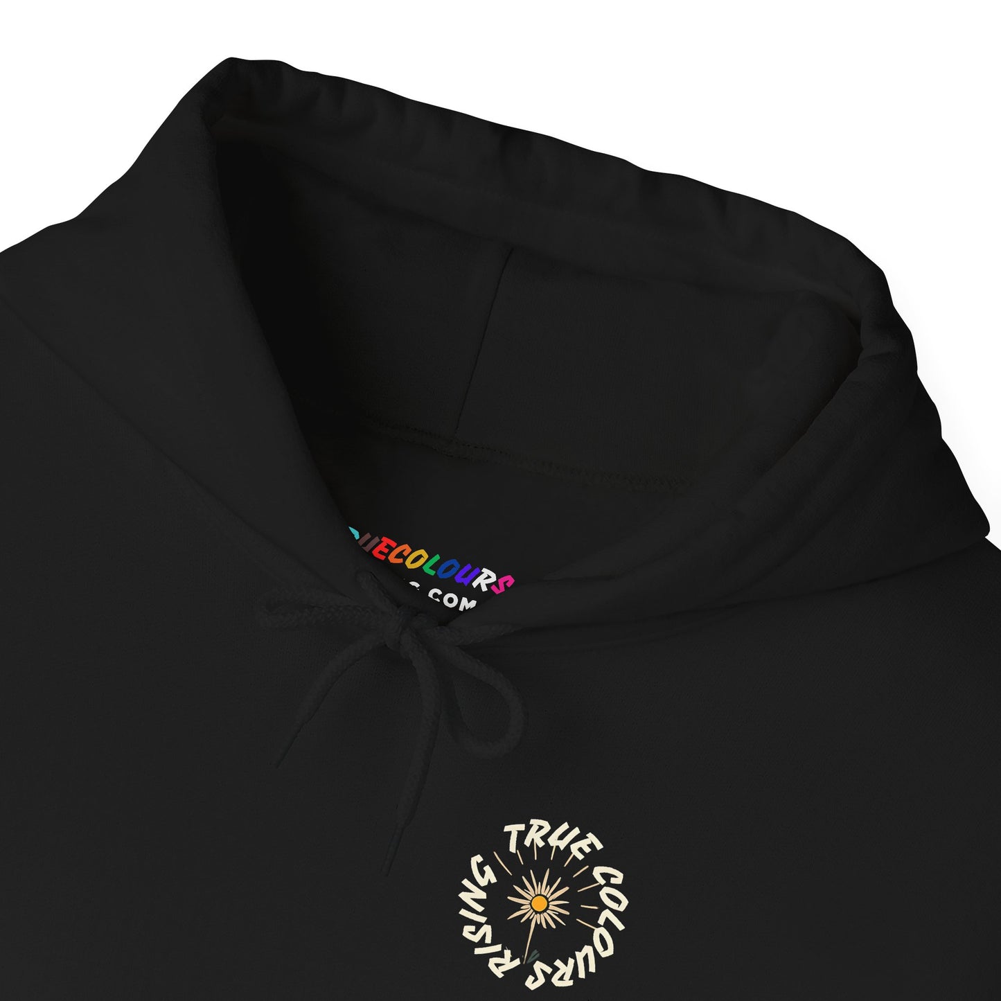 Folded hoodie showing minimalist True Colours Rising chest emblem.