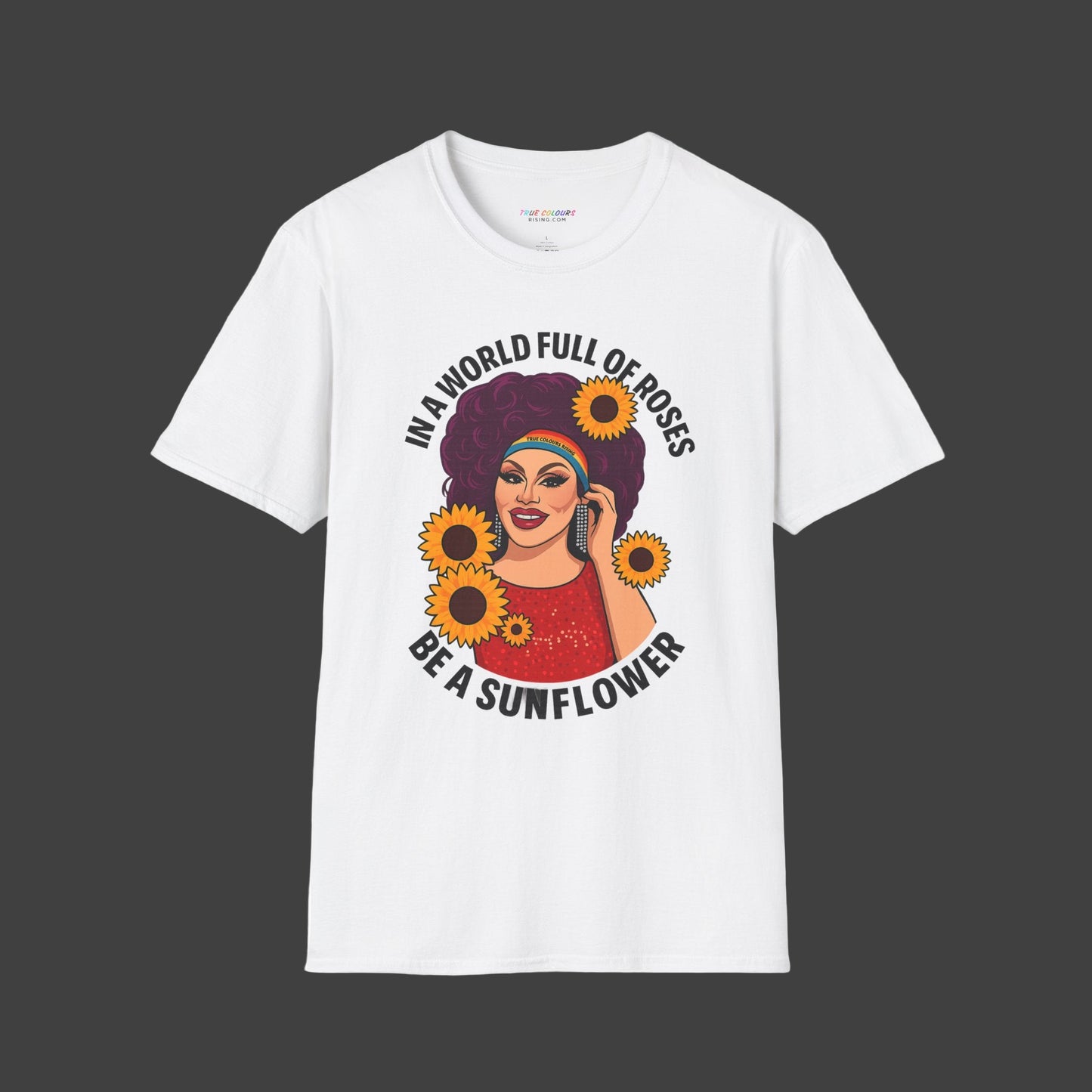 Drag-inspired empowerment sunflower tee promoting individuality and self-expression