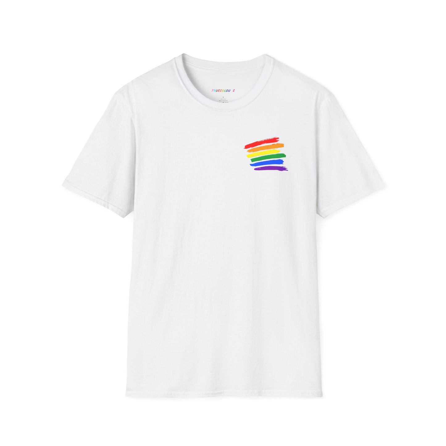 Minimalist pride t-shirt with rainbow brushstroke chest design on black cotton.