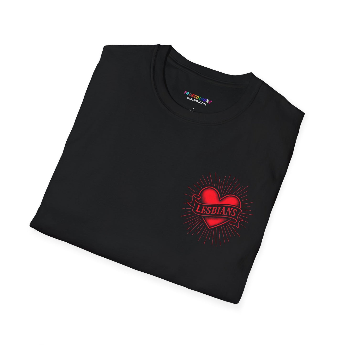 Bold lesbian empowerment shirt featuring classic tattoo red heart graphic.
