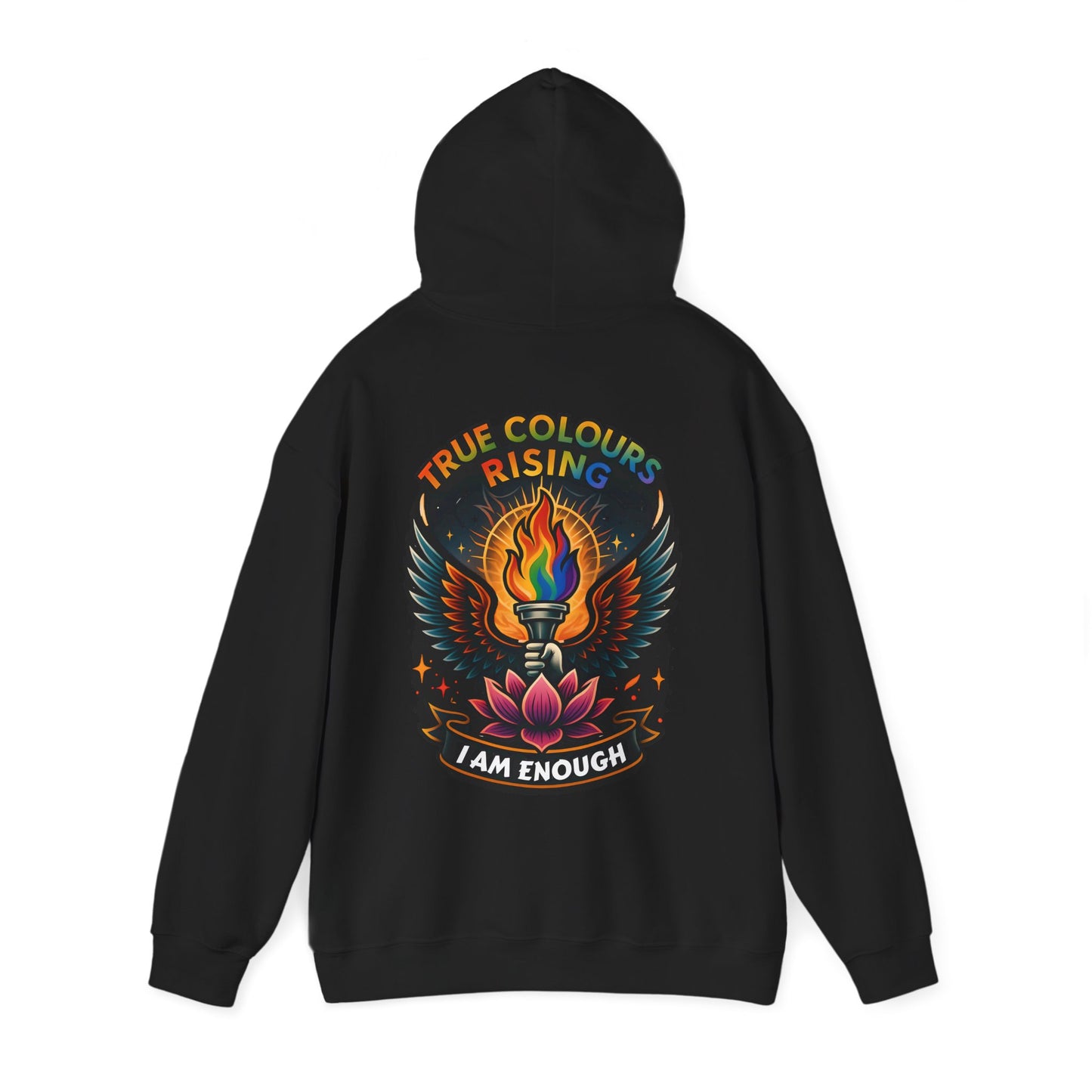 Queer empowerment hoodie with rainbow wings, torch, and motivational message