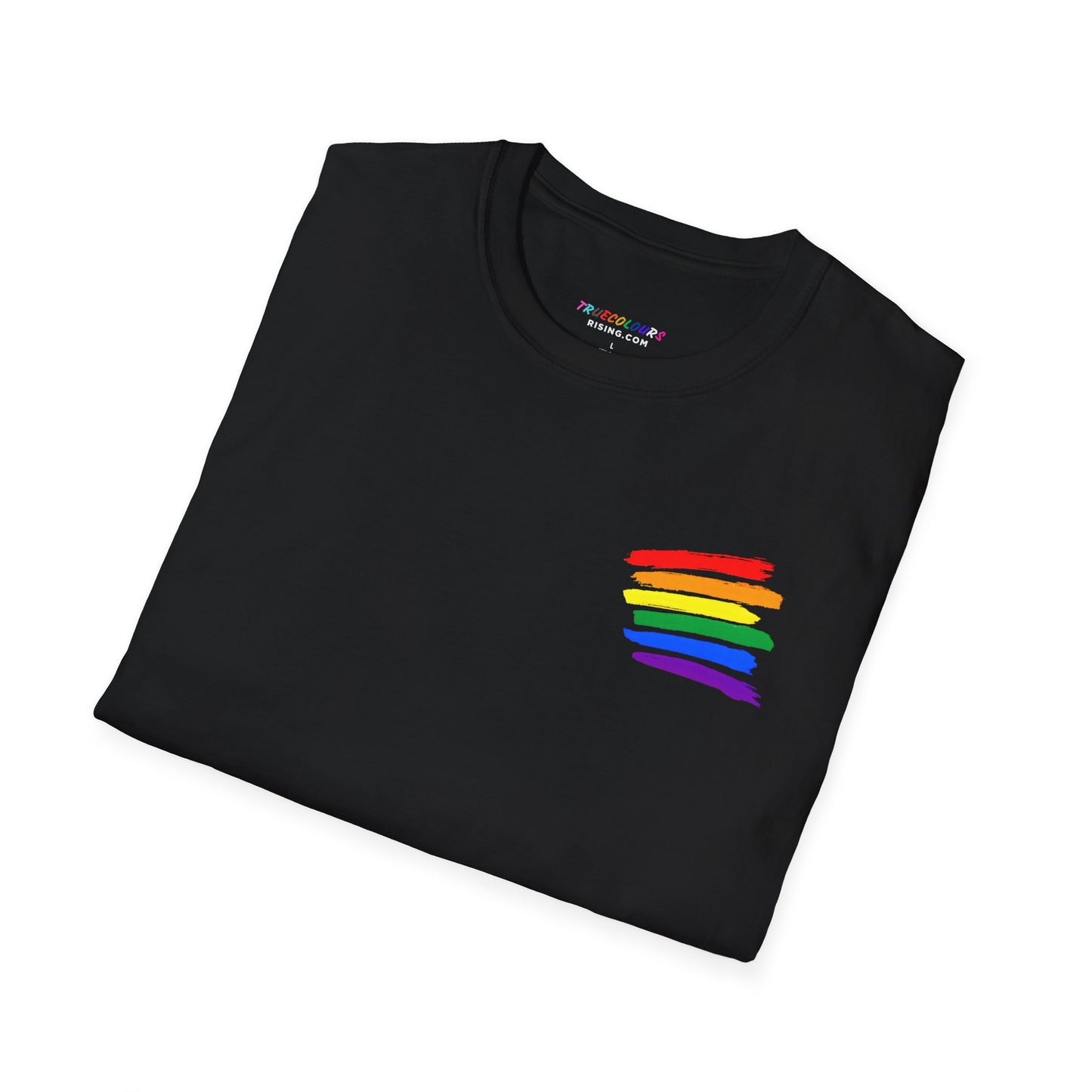 True Colours Rising rainbow pride t-shirt in black with bold brushstroke stripes celebrating LGBTQ+ pride.