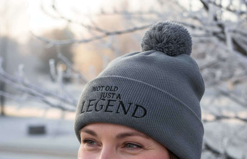 Woman wearing grey bobble hat, not old just a legend